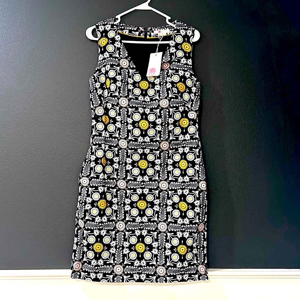 Boden Tatiana Textured Dress - NWT - V-neck - Navy, white, pink, gold